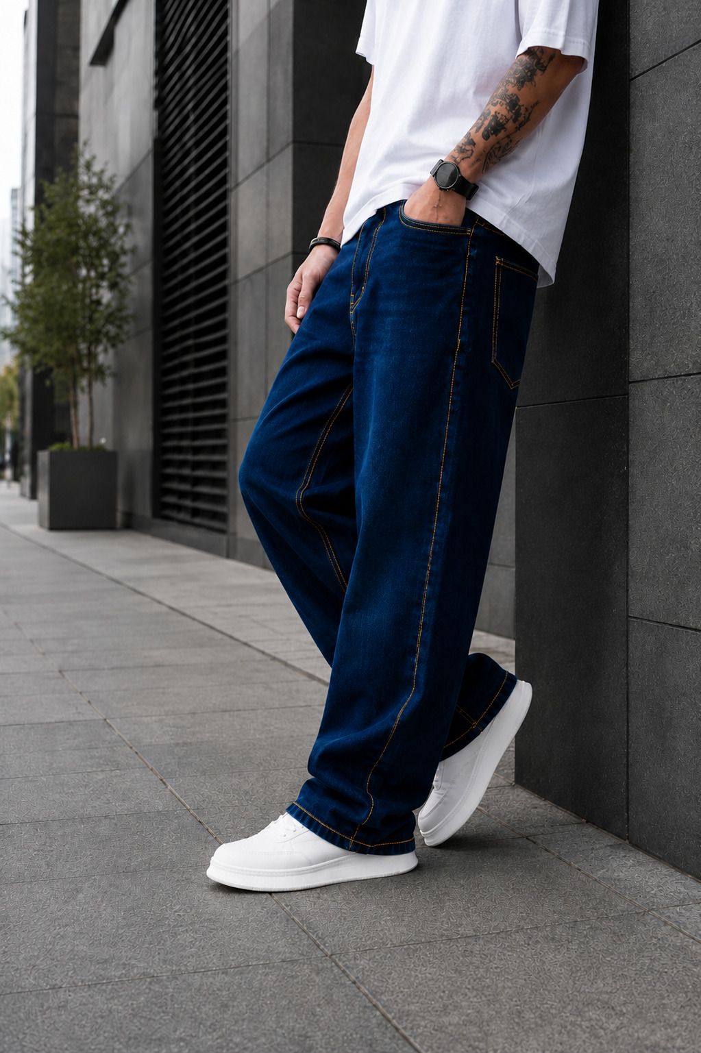 denim look Men Baggy Fit Mid Rise Dark Blue Jeans-picture-31