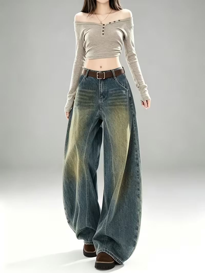 Women Wide Leg High Rise Blue, Green Jeans-image-29