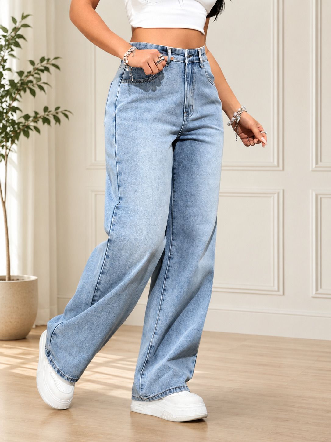 denim look Women Loose Fit High Rise Light Blue Jeans-picture-11
