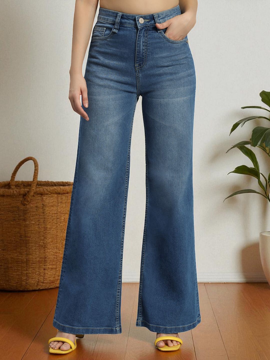 Women Flared High Rise Blue Jeans