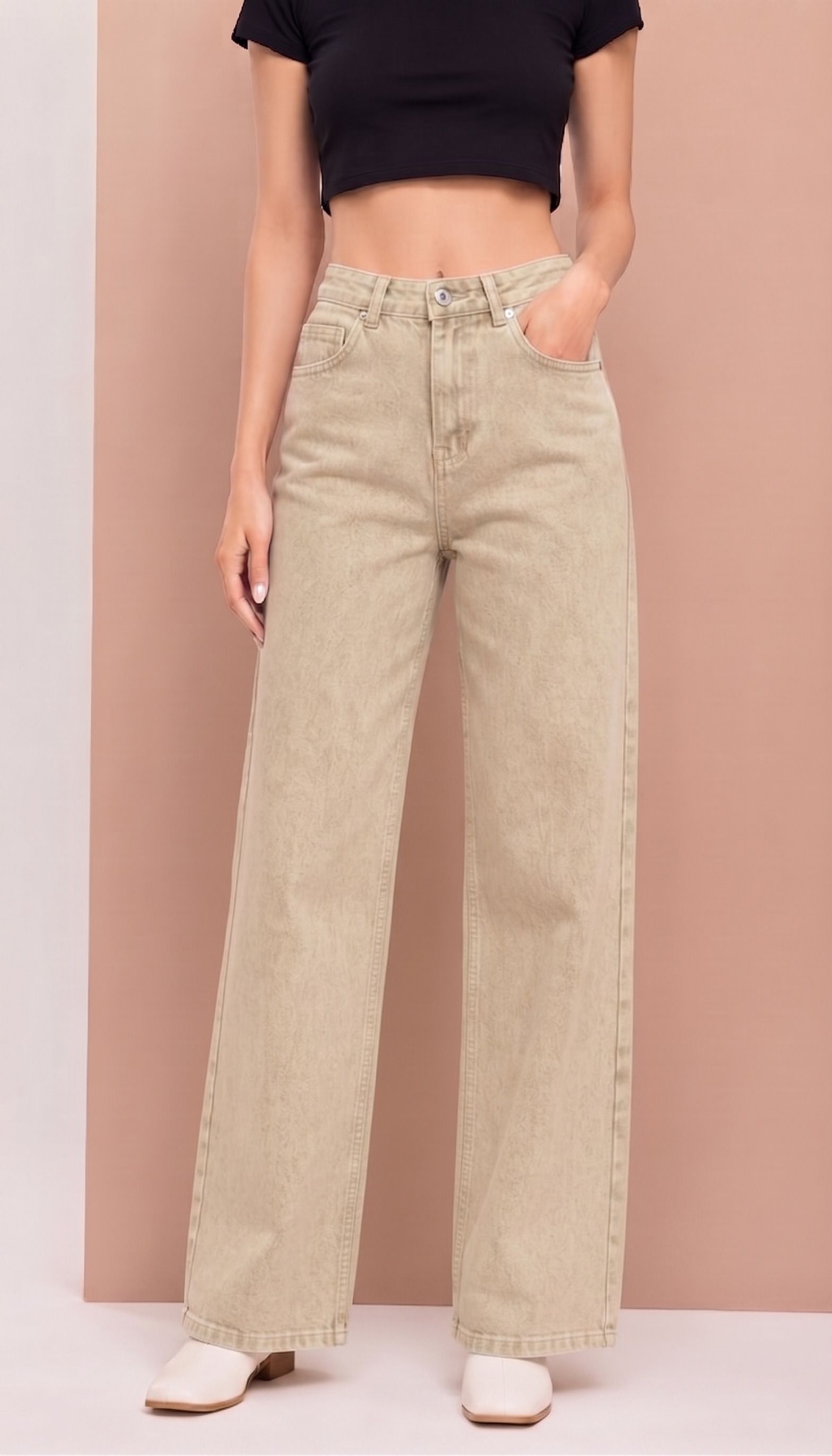 zayla Women Baggy Fit High Rise Beige Jeans-picture-26