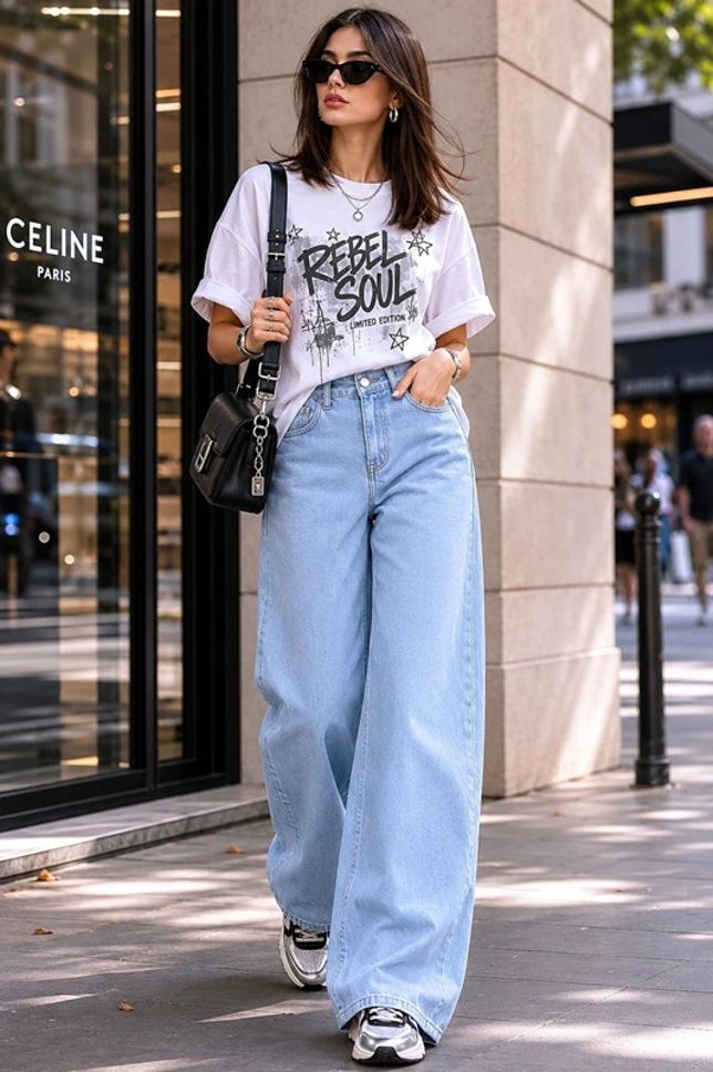 Women Wide Leg Mid Rise Light Blue Jeans-image-29