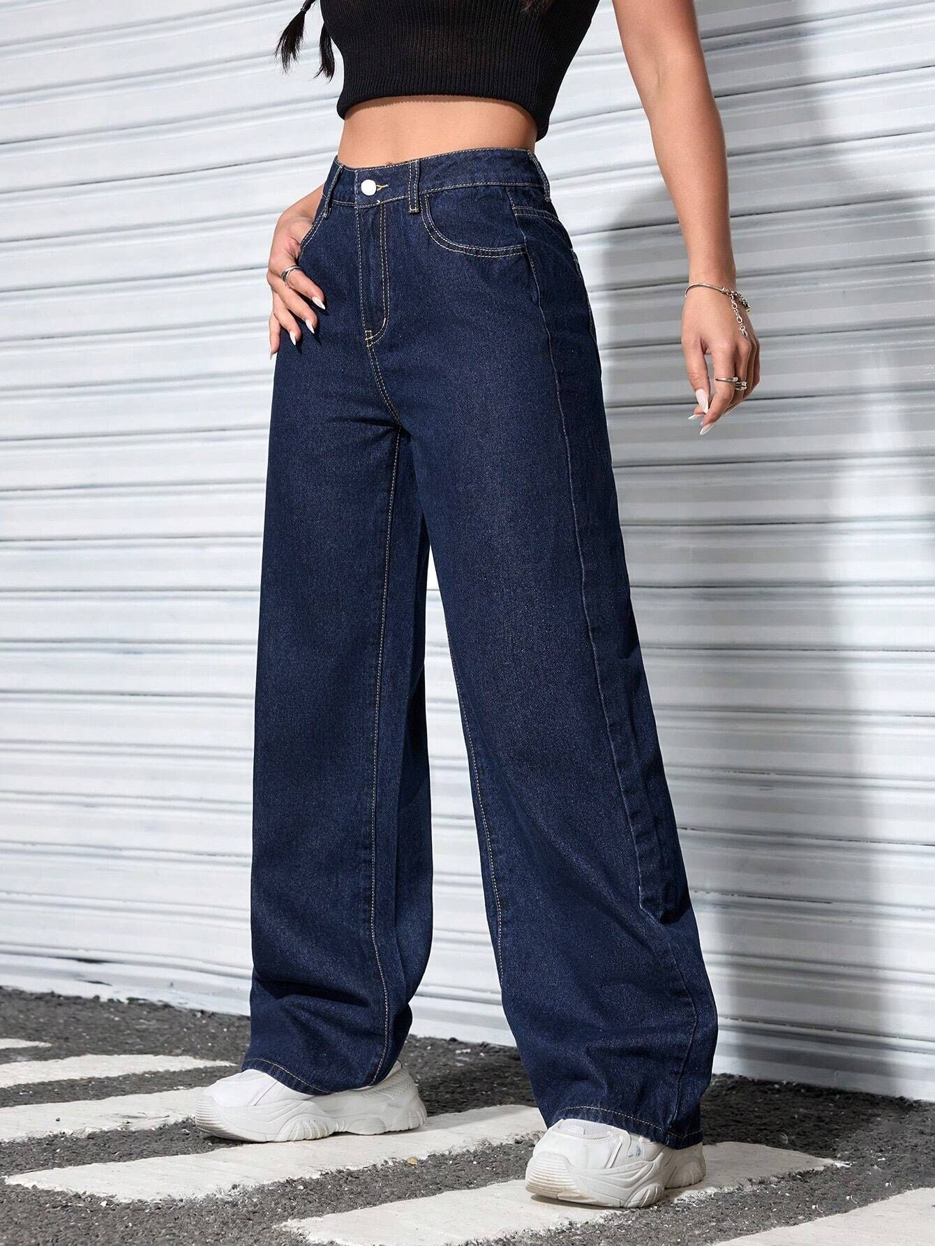 denim look Women Flared High Rise Dark Blue Jeans-picture-24