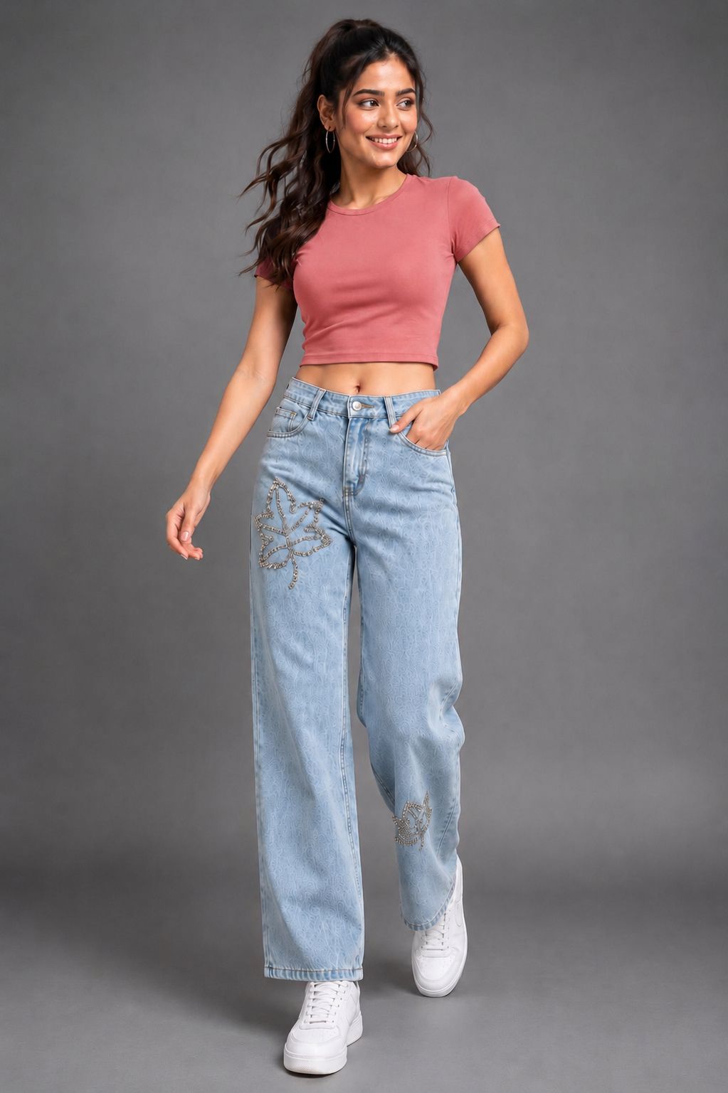 ds creative Women Wide Leg Mid Rise Light Blue Jeans-picture-9