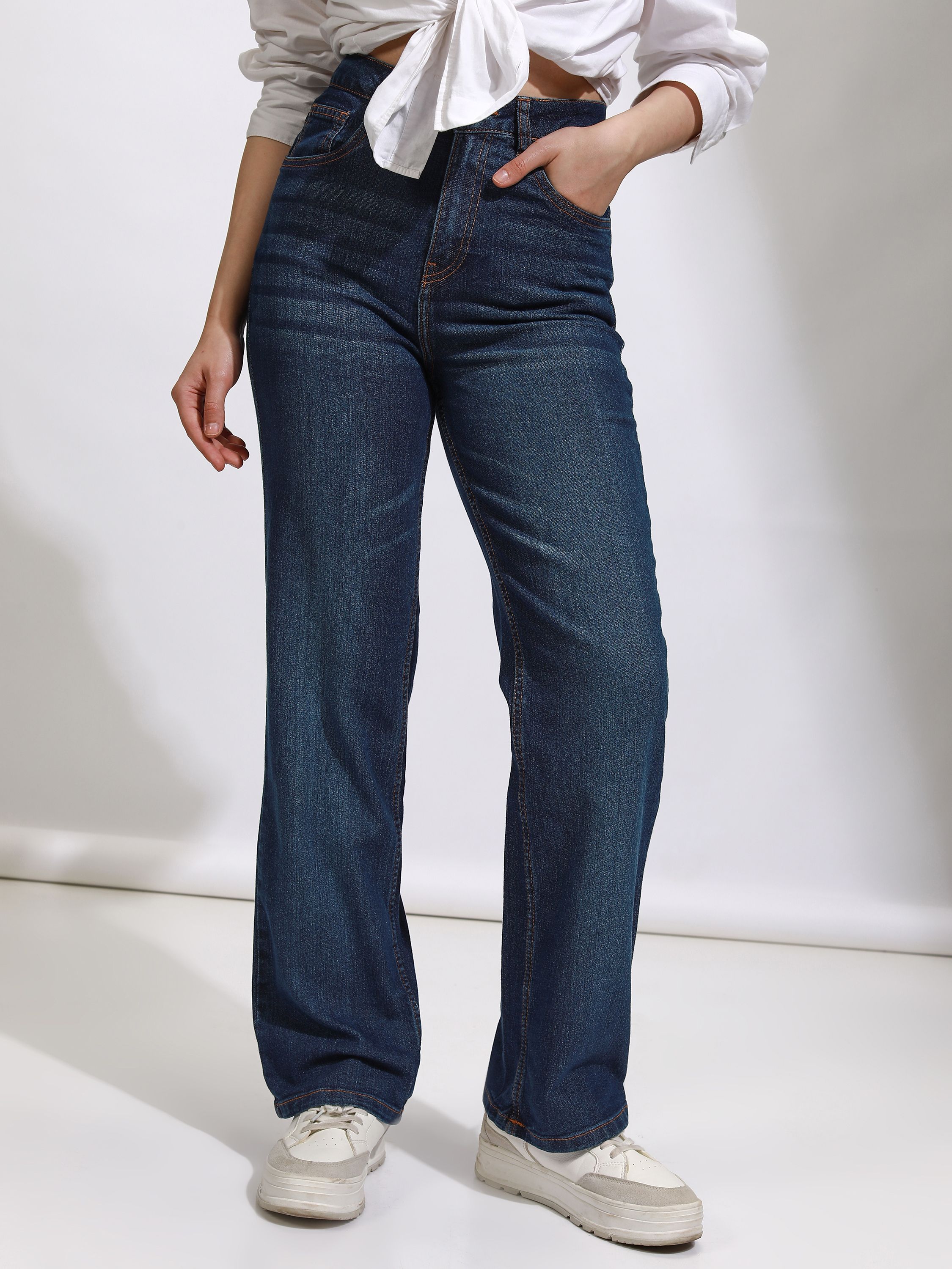 tokyo talkies Women Straight Fit Mid Rise Dark Blue Jeans-picture-17