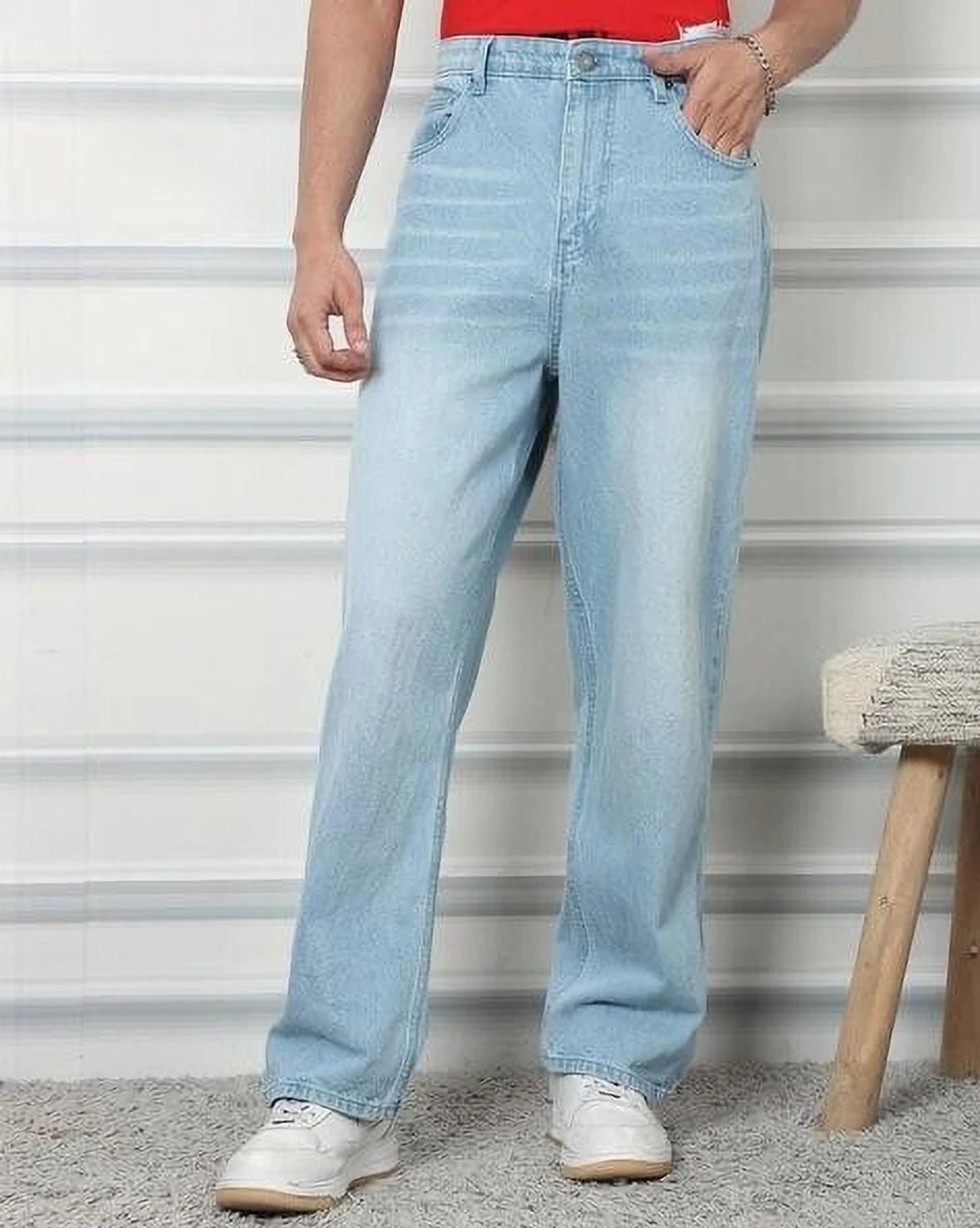 Men Straight Fit Mid Rise Light Blue Jeans-image-33