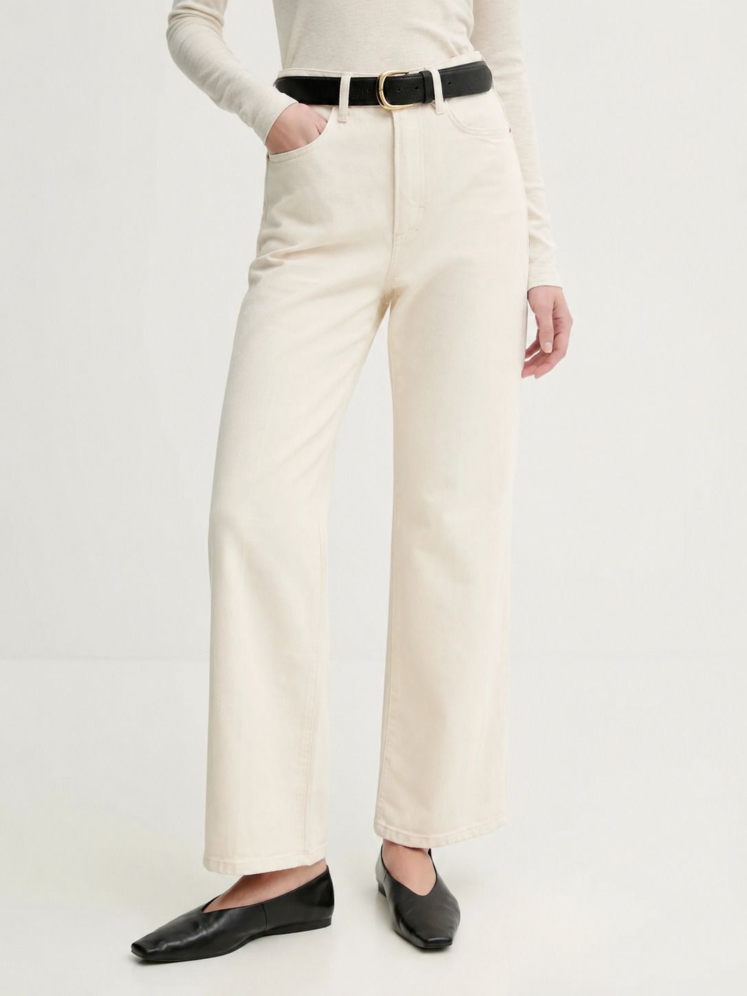 Women Wide Leg High Rise Beige Jeans-image-3