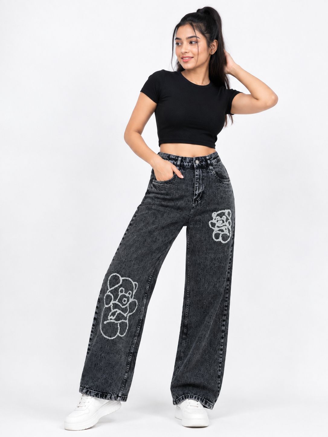 ds creative Women Wide Leg Mid Rise Black Jeans-picture-5