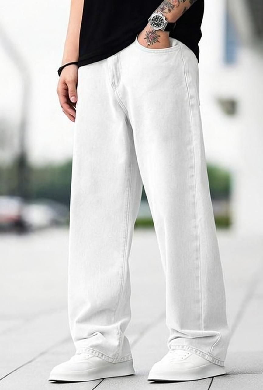 Men Loose Fit Mid Rise White Jeans-image-38