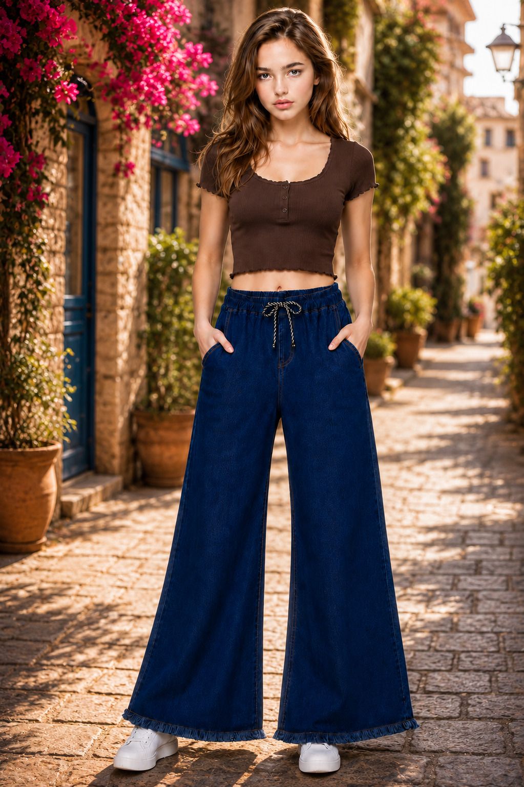 outfittime Women Wide Leg Mid Rise Dark Blue Jeans-picture-0