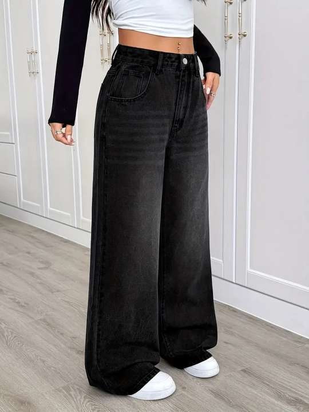 adianadi Women Wide Leg High Rise Black Jeans-picture-25