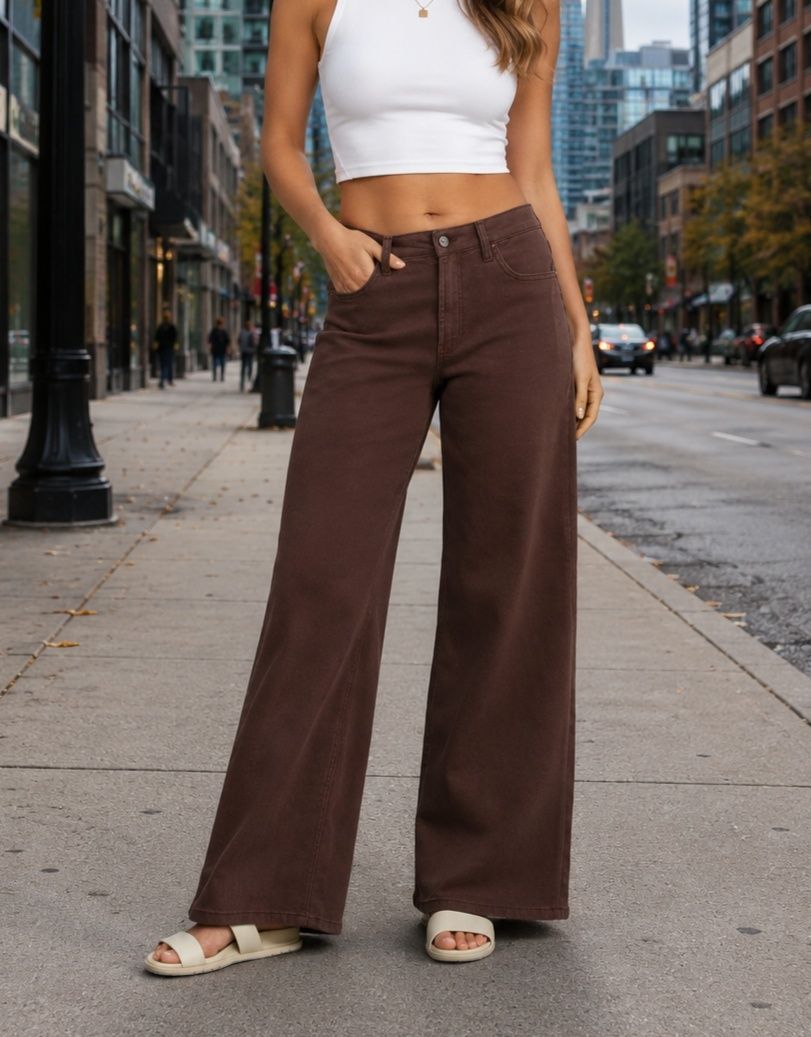 Women Wide Leg High Rise Brown Jeans-image-20