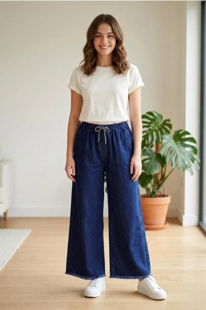 Women Wide Leg Mid Rise Dark Blue Jeans-image-26