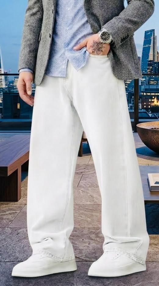 Men Loose Fit Mid Rise White Jeans-image-9