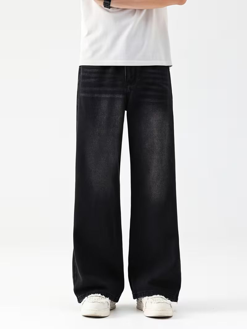 Men Wide Leg Mid Rise Black Jeans-image-48