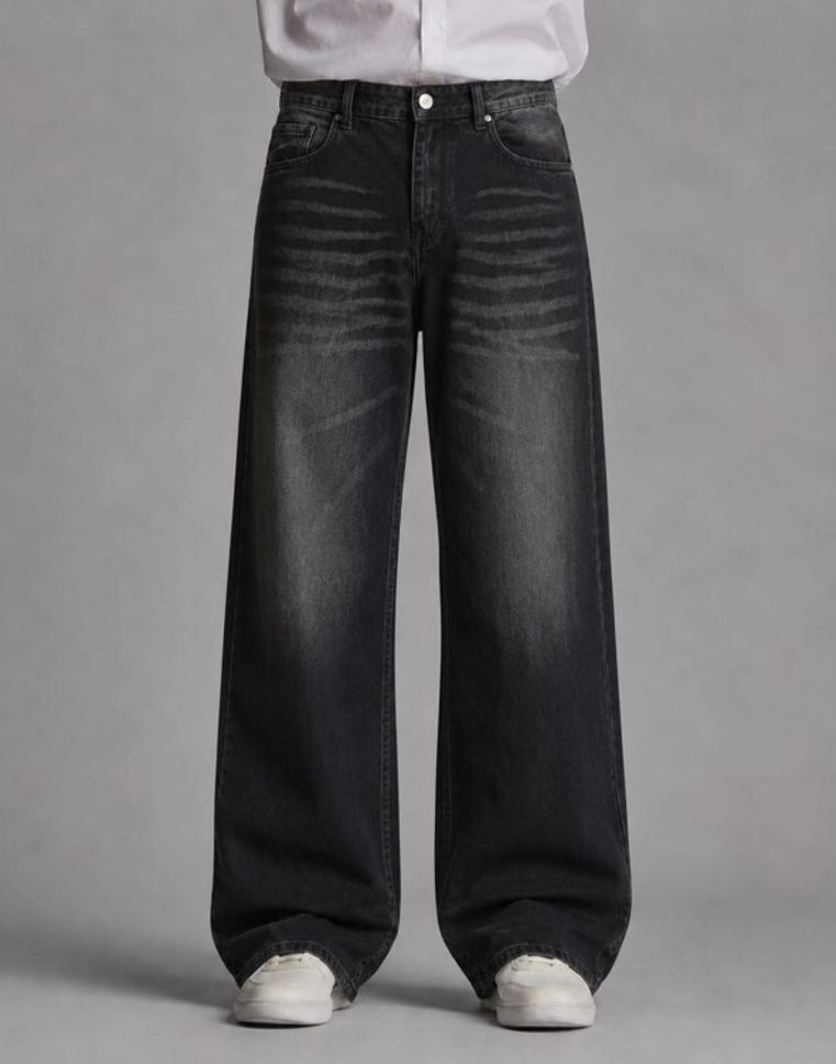 veliume Men Wide Leg Mid Rise Dark Grey Jeans-picture-12