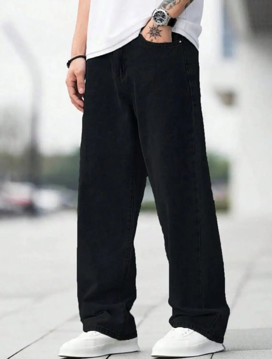 Men Loose Fit Mid Rise Black Jeans-image-38