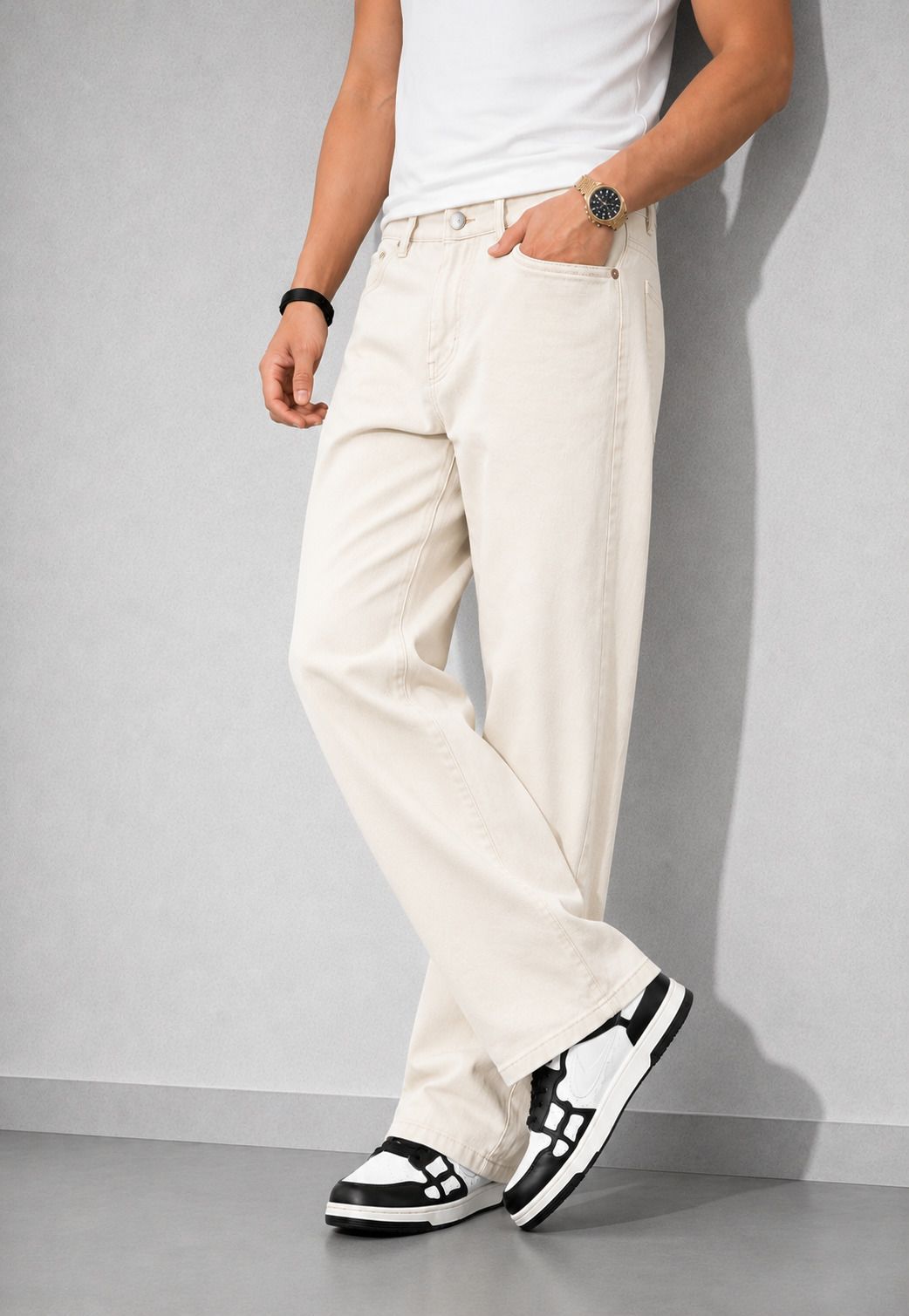 denim life Men Loose Fit Mid Rise Beige Jeans-picture-3