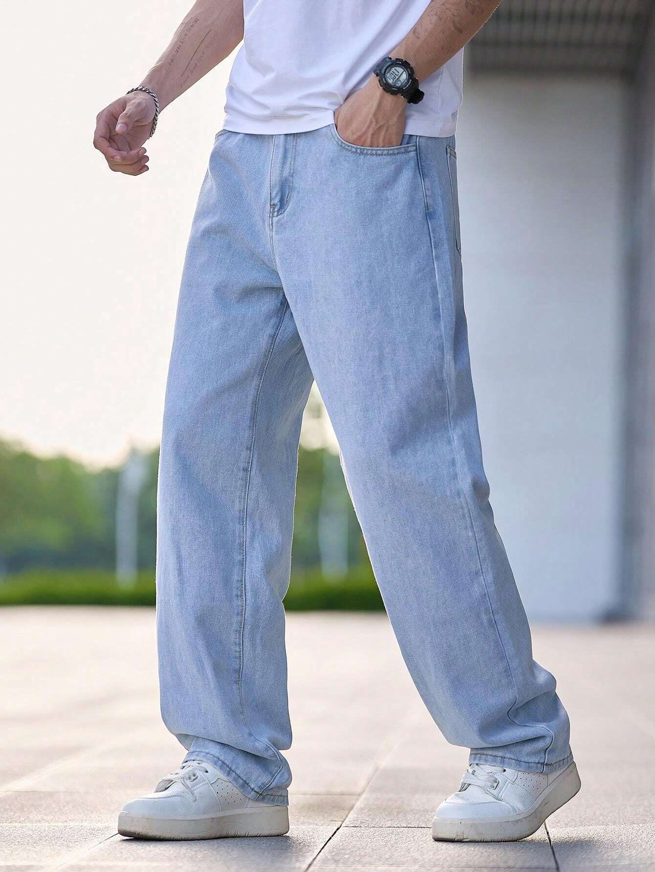 Men Straight Fit Mid Rise Light Blue Jeans-image-41