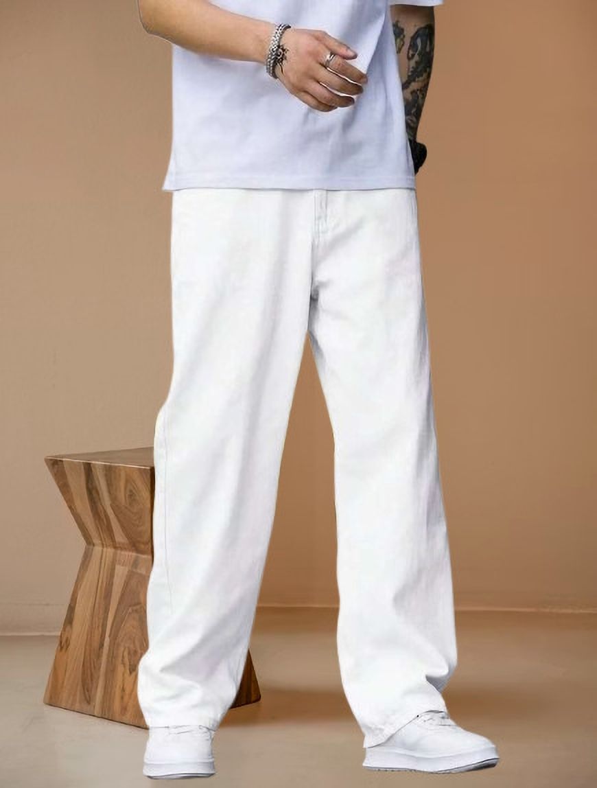 Men Loose Fit Mid Rise White Jeans-image-45