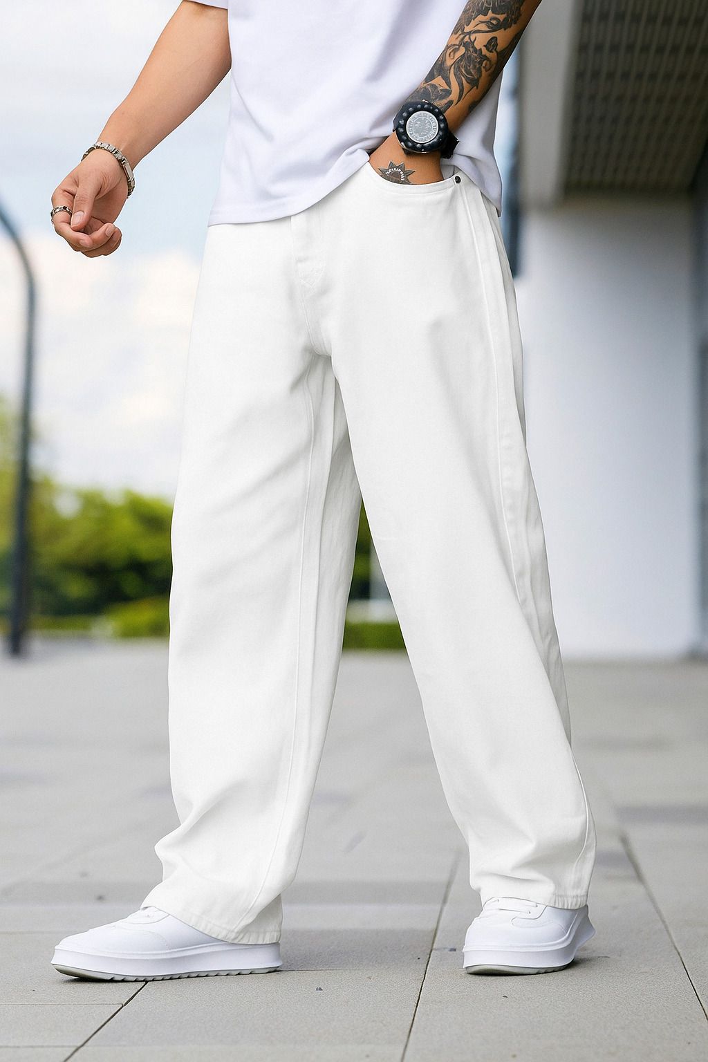 ragzo Men Baggy Fit Mid Rise White Jeans-picture-22