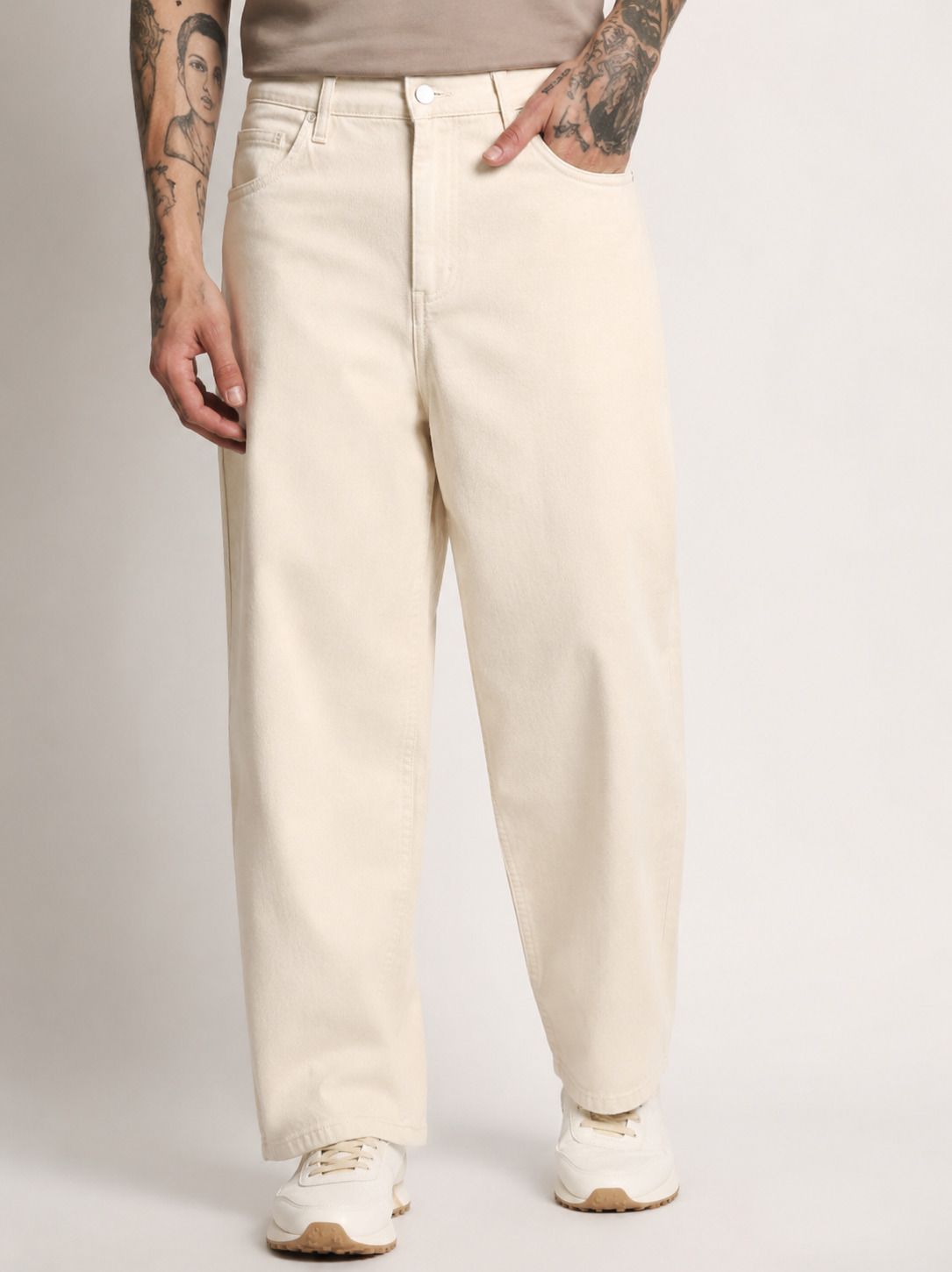 denim life Men Loose Fit Mid Rise Beige Jeans-picture-1