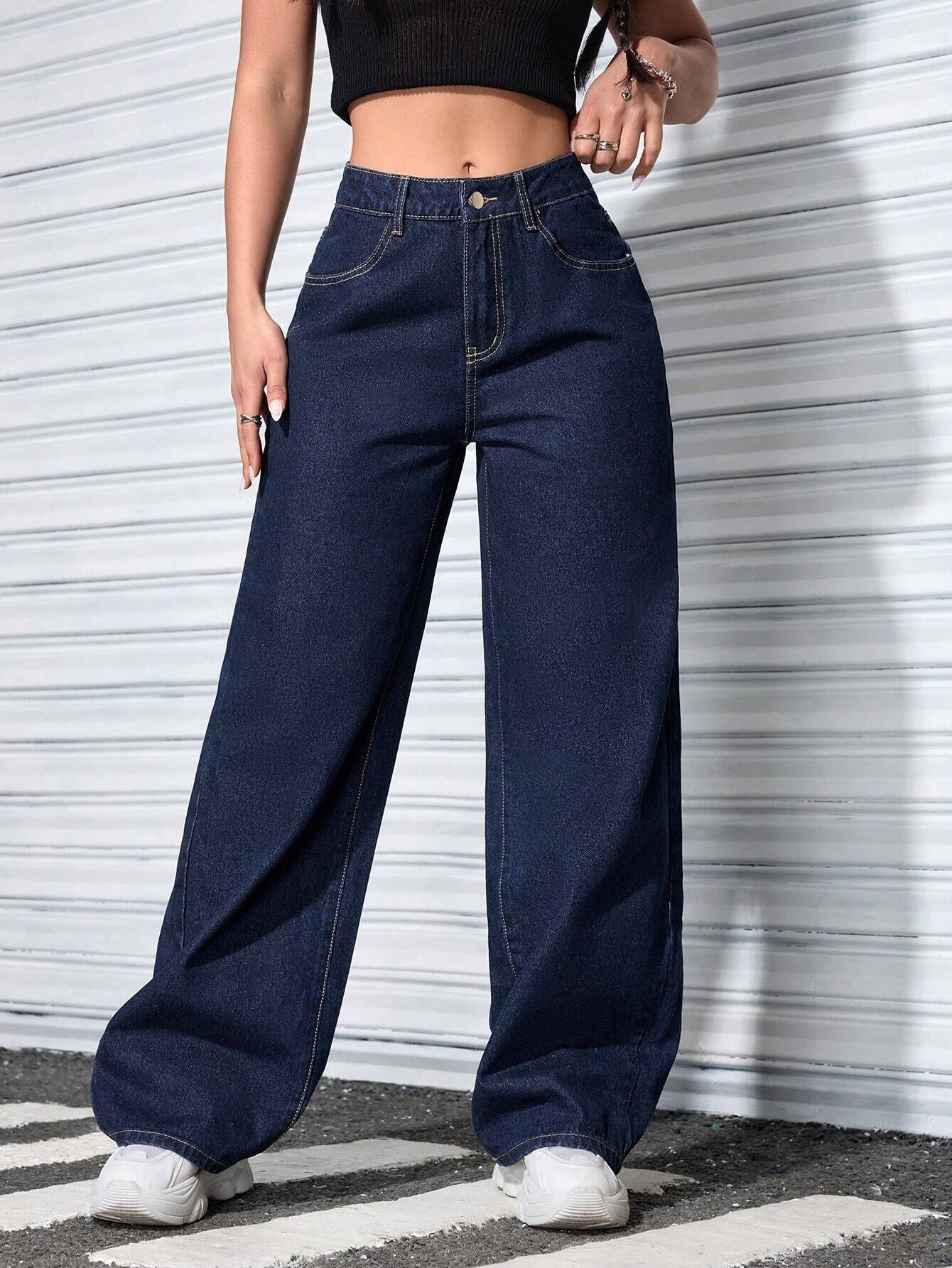 denim look Women Flared High Rise Dark Blue Jeans-picture-22