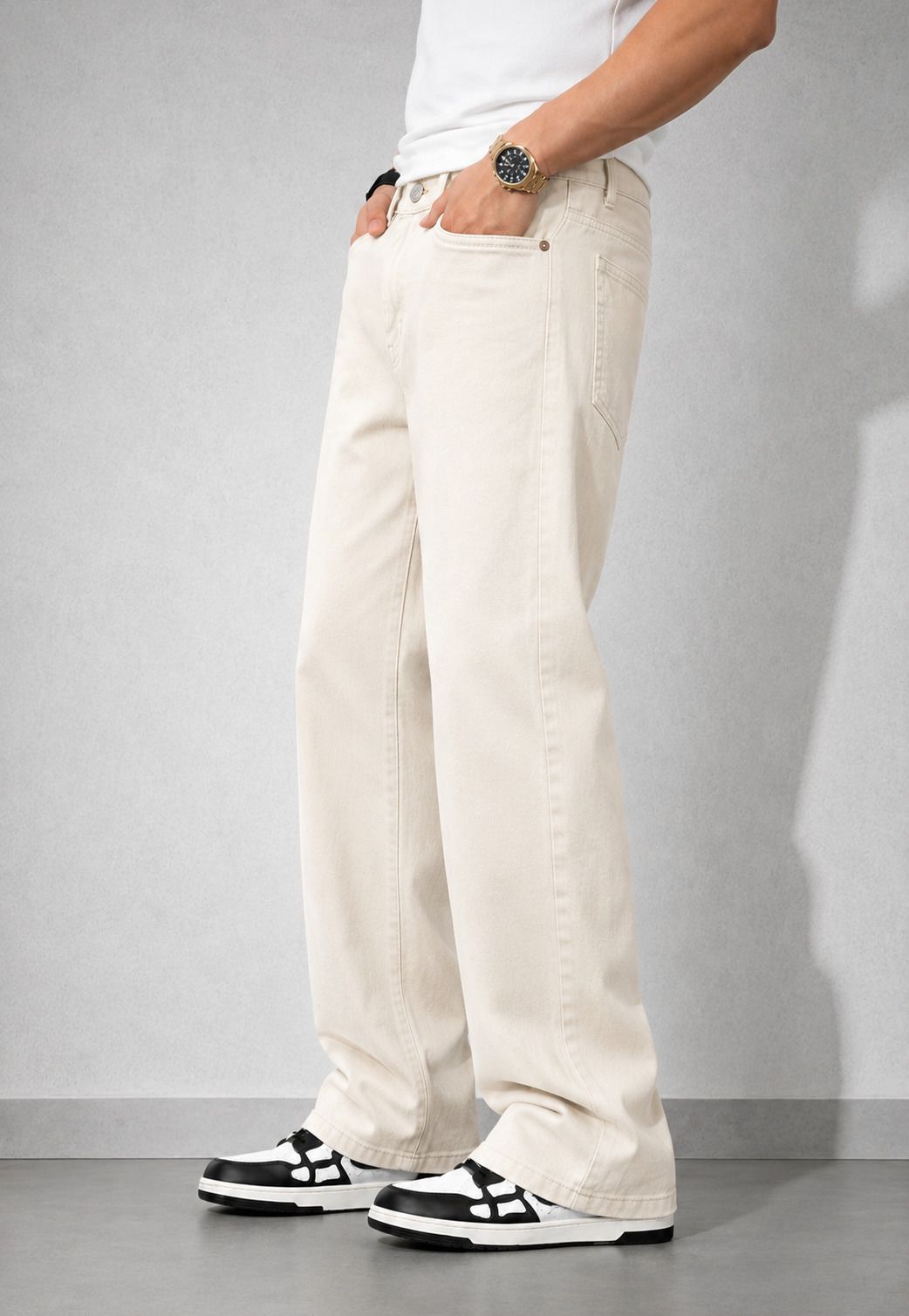 denim life Men Loose Fit Mid Rise Beige Jeans-picture-4