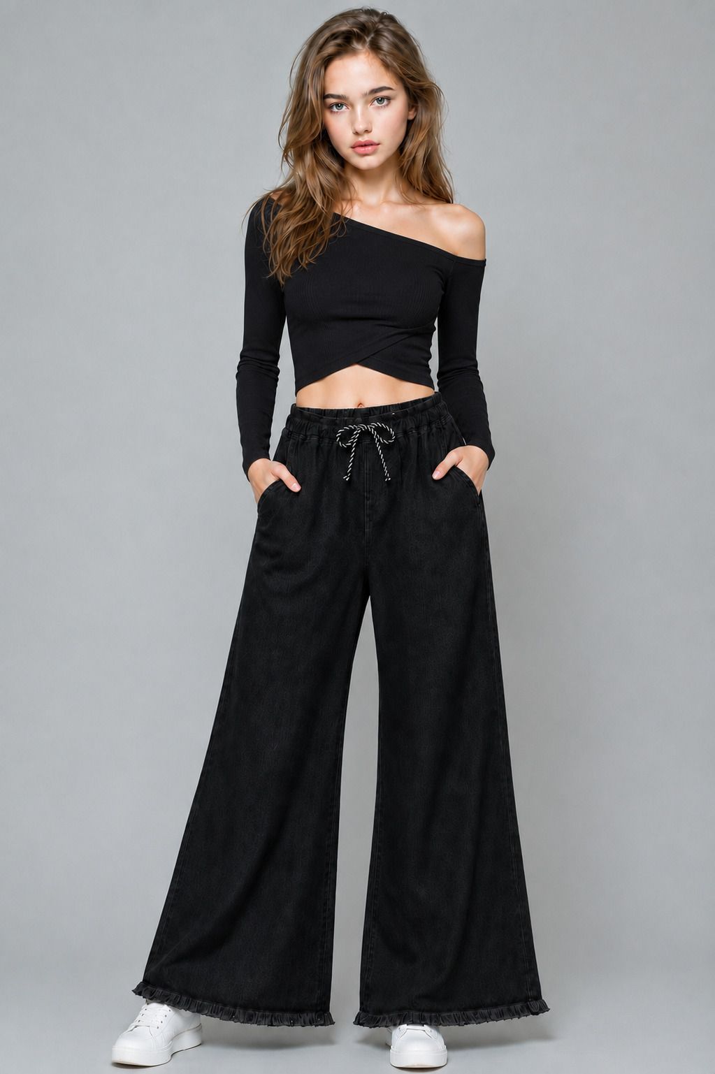 skylish Women Wide Leg Mid Rise Black Jeans-picture-0