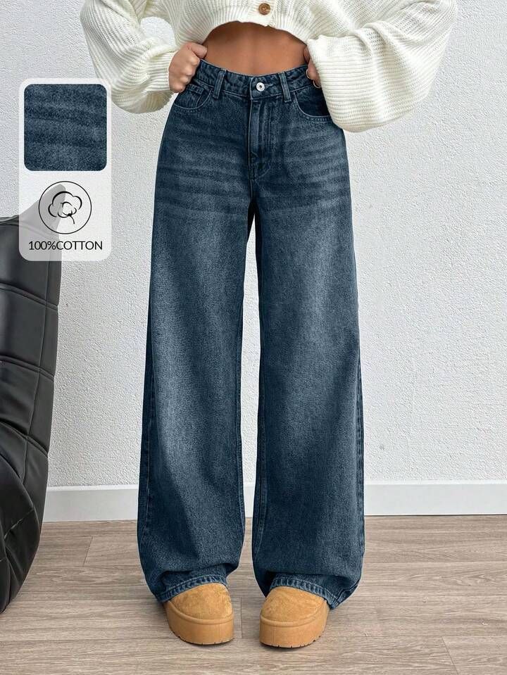 Women Wide Leg High Rise Blue Jeans-image-28
