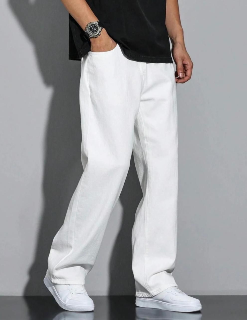 Men Loose Fit Mid Rise White Jeans-image-39