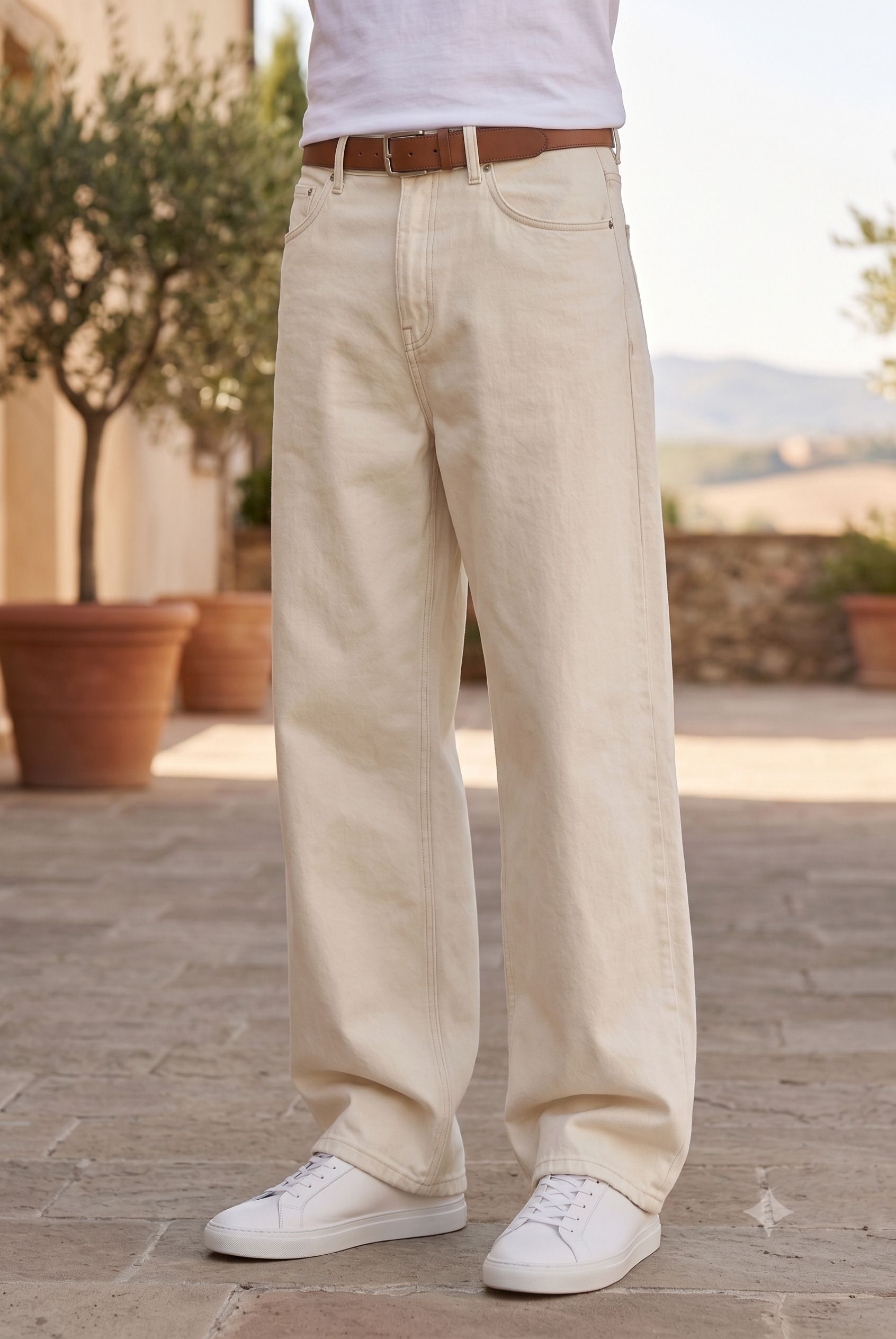 aurafashions Men Wide Leg Mid Rise Beige Jeans-picture-2