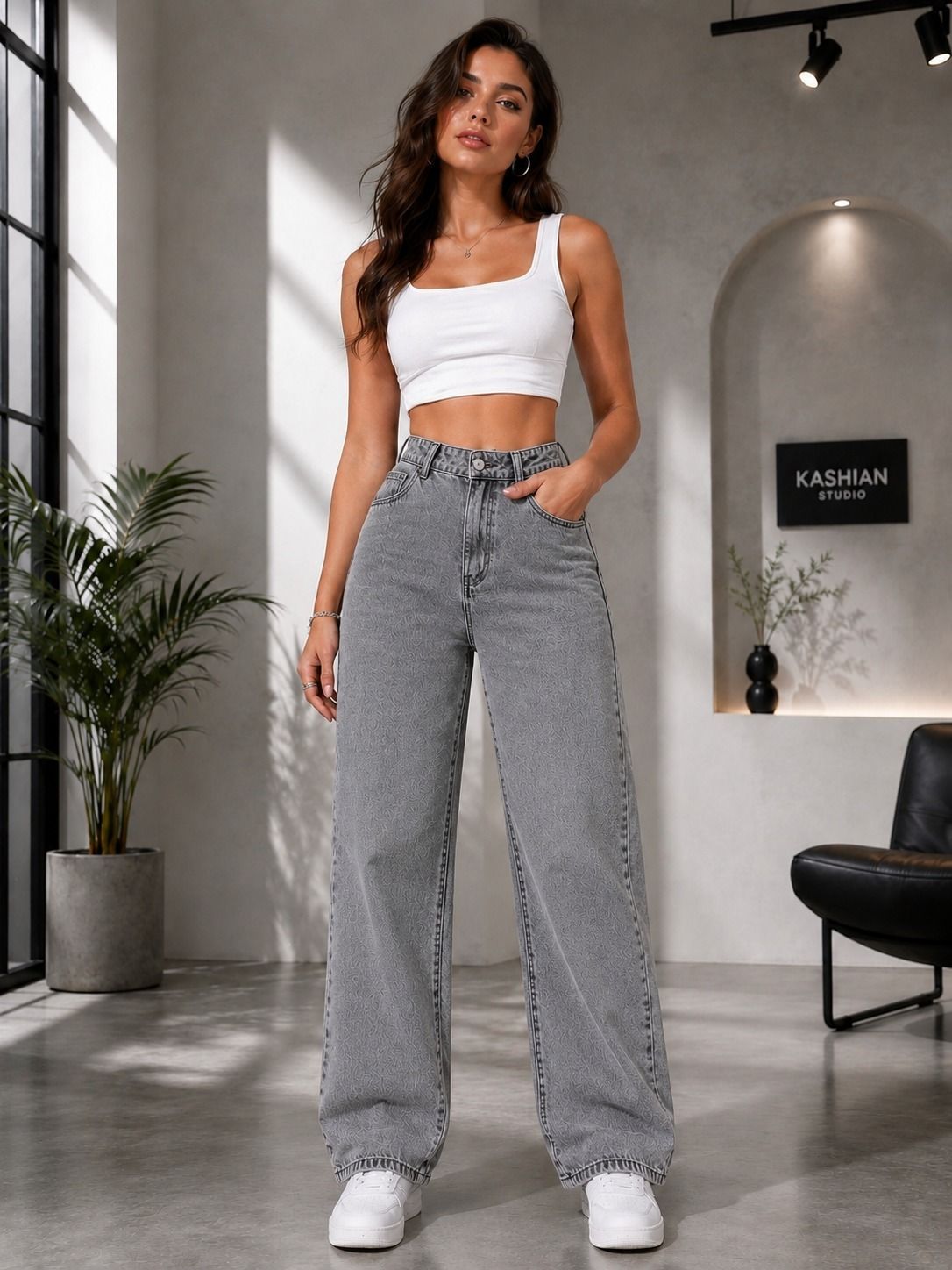 Women Straight Fit High Rise Grey Jeans-image-7