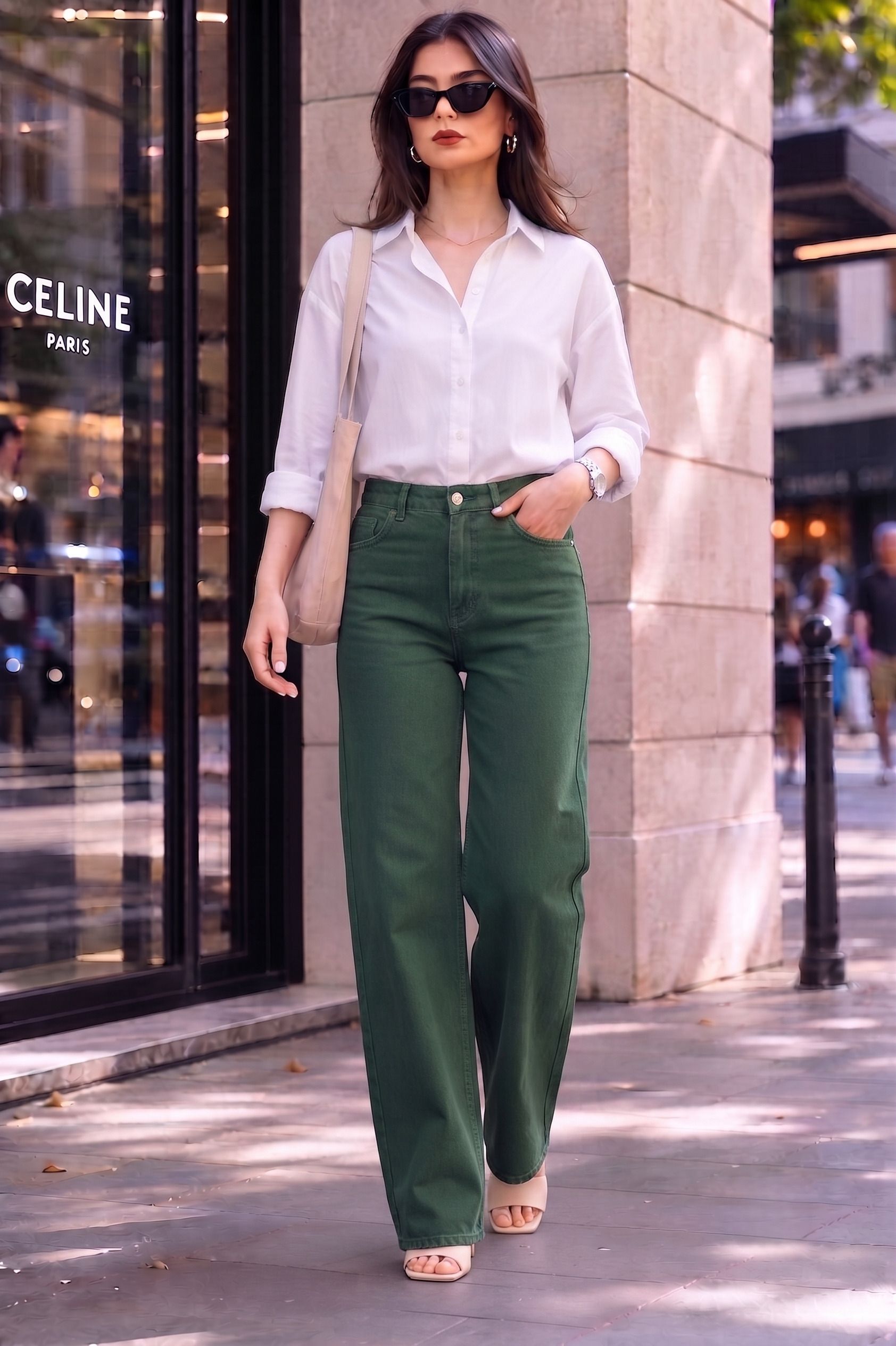 zayla Women Wide Leg High Rise Green Jeans-picture-17