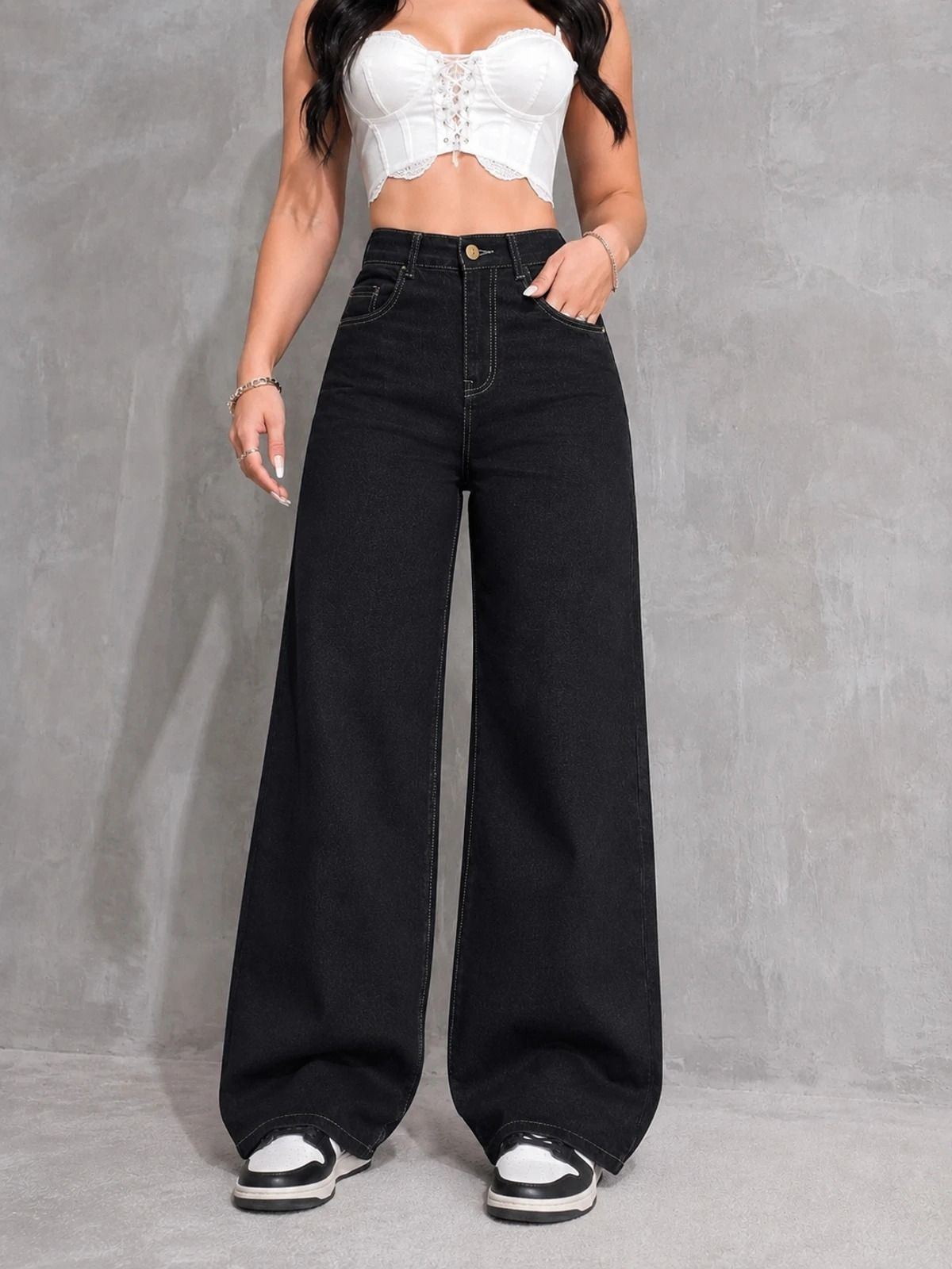 kashian Women Wide Leg High Rise Black Jeans-picture-22