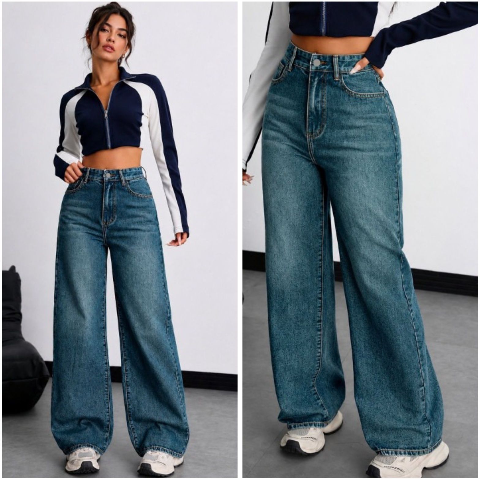 Women Wide Leg High Rise Blue Jeans-image-12