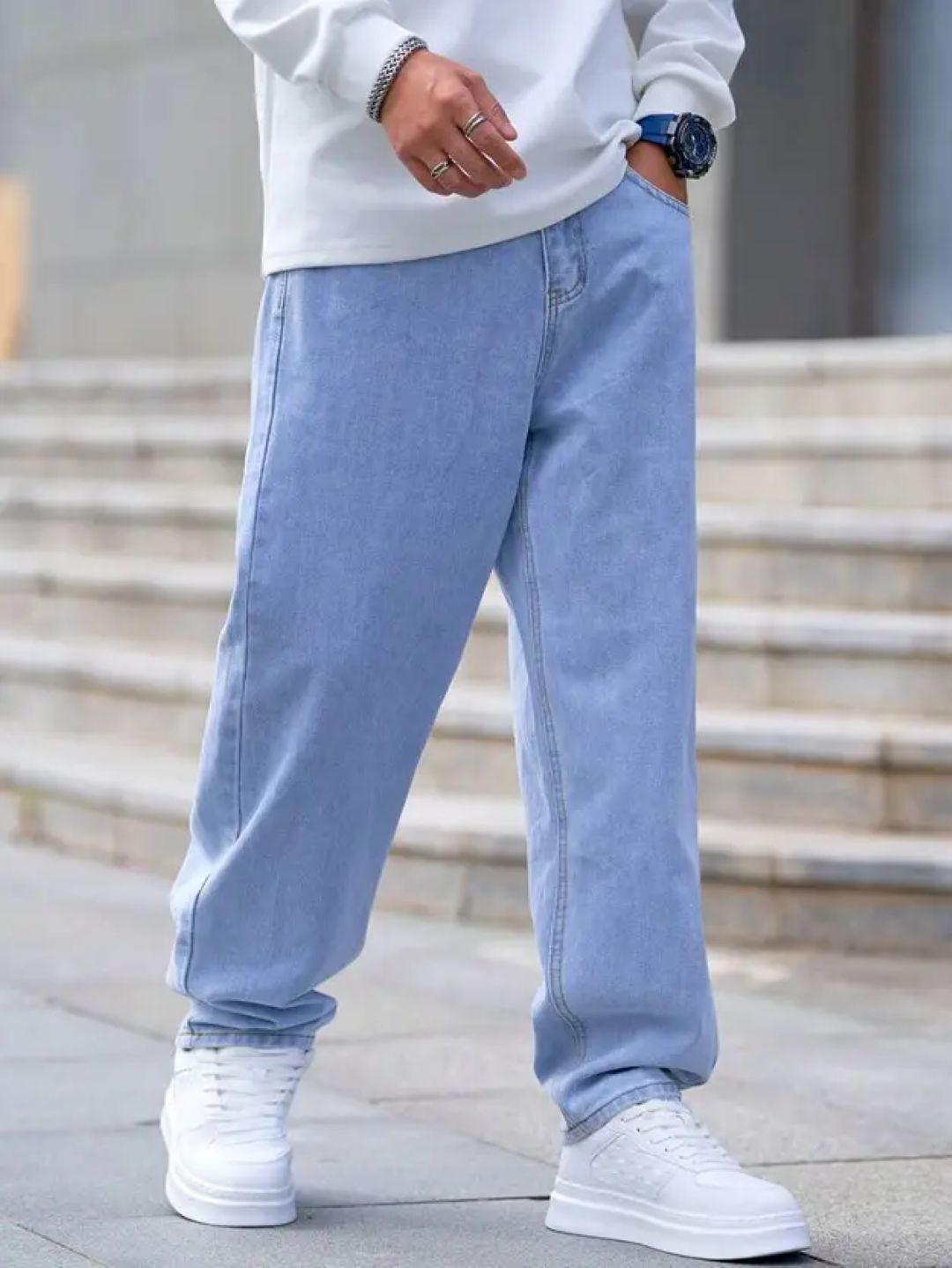 Men Baggy Fit Mid Rise Light Blue Jeans-image-23