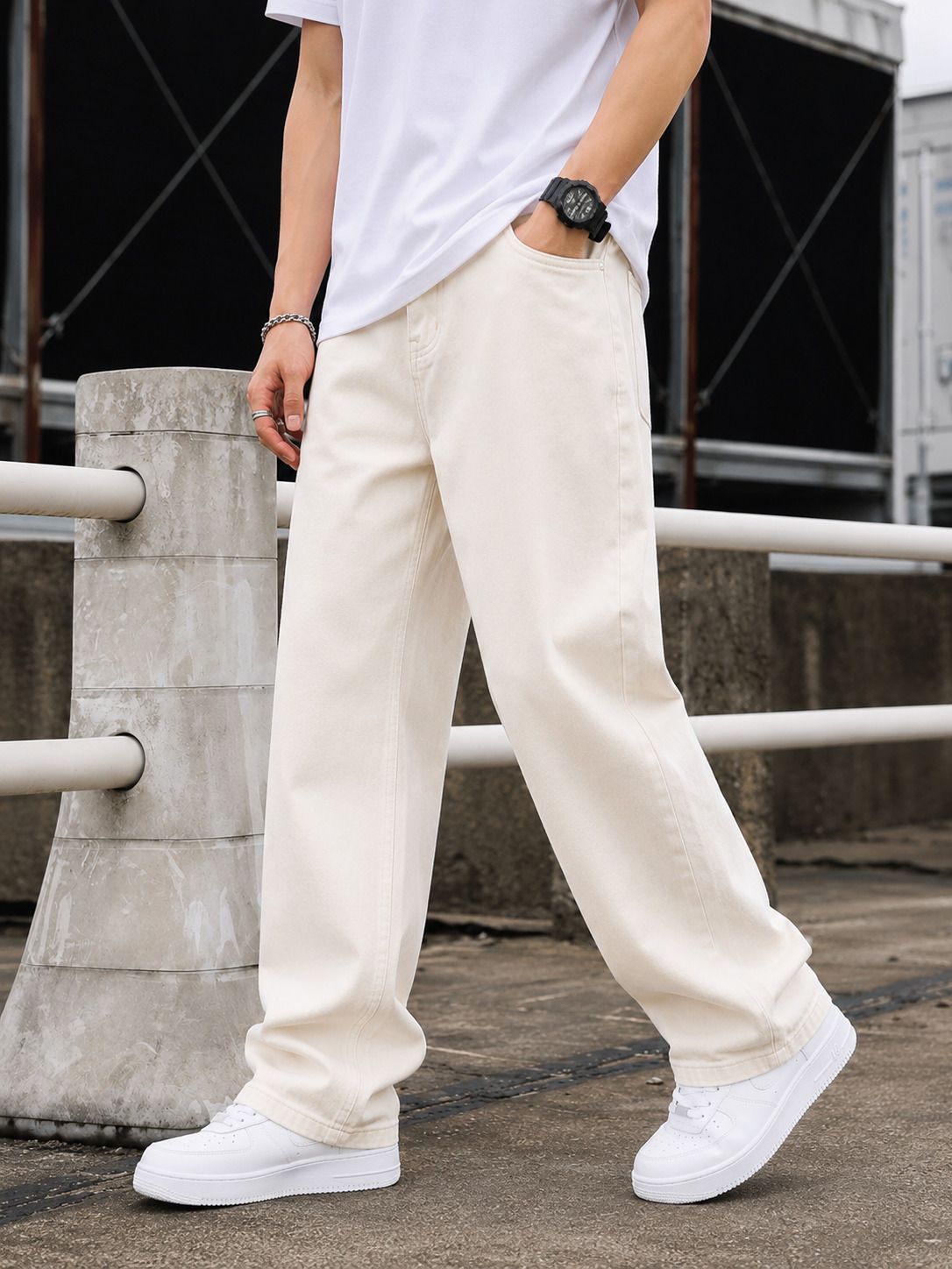 denim life Men Loose Fit Mid Rise Beige Jeans-picture-8
