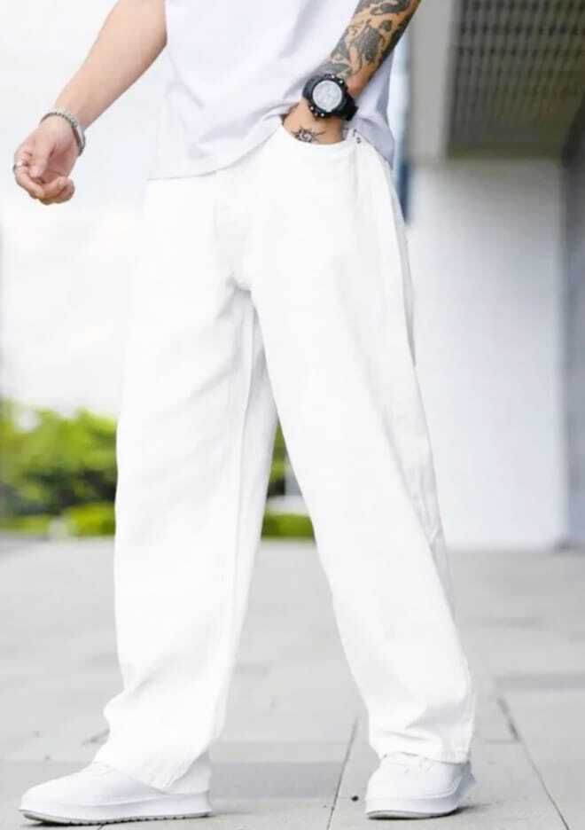 Men Loose Fit Mid Rise White Jeans