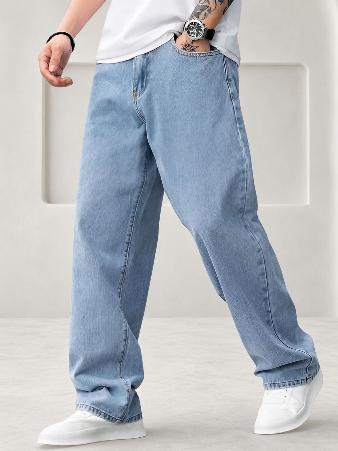 fadevielle Men Relaxed Fit Mid Rise Light Blue Jeans-picture-10