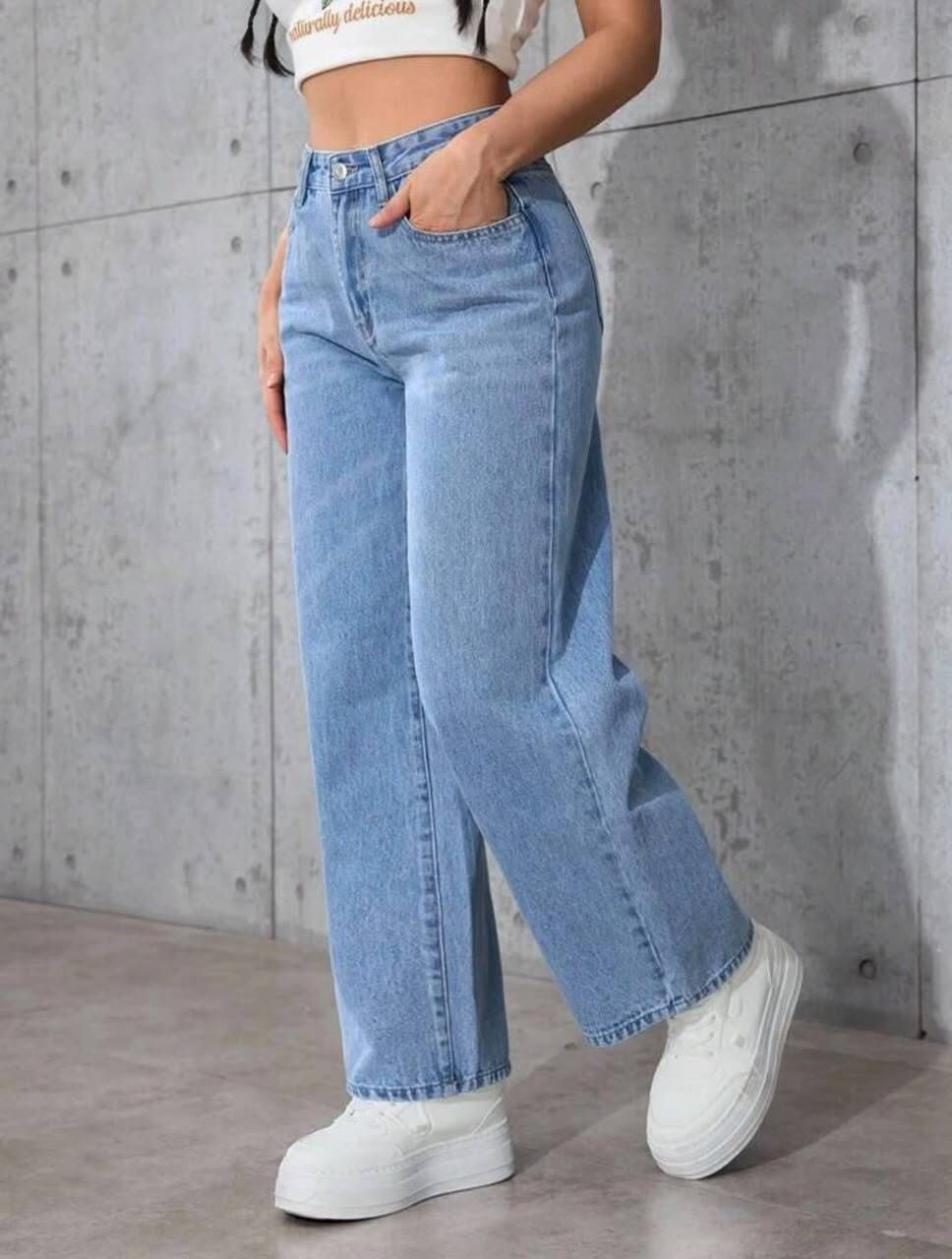 Women Wide Leg Mid Rise Light Blue Jeans-image-26