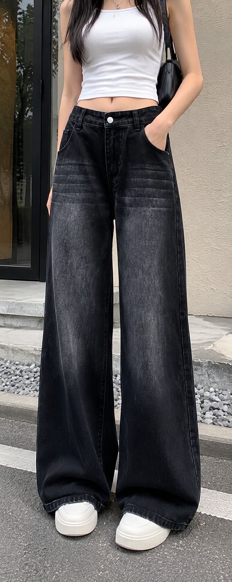 fabzora Women Wide Leg Mid Rise Black Jeans-picture-22
