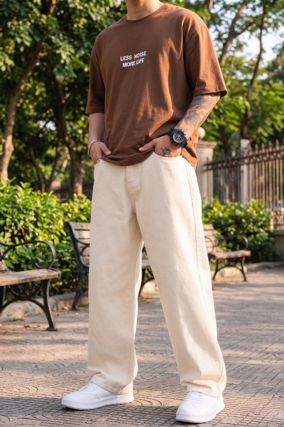 Men Loose Fit Mid Rise Beige Jeans-image-24