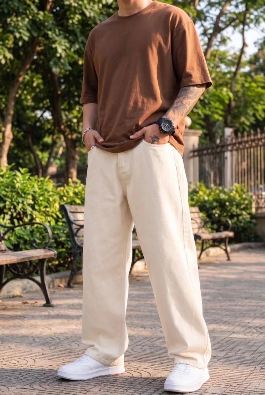 flaying Men Loose Fit Mid Rise Beige Jeans-picture-36