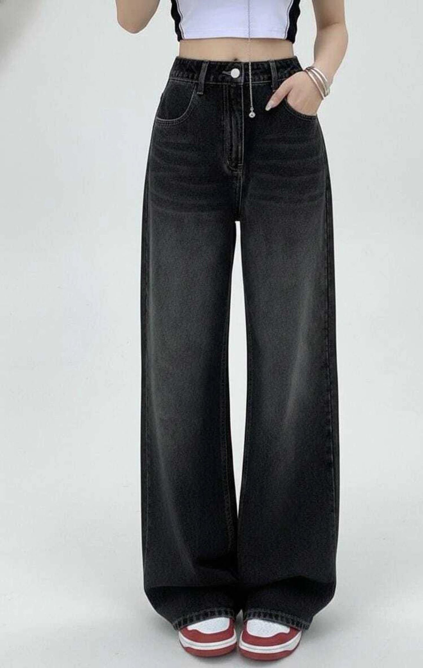 kotty Women Wide Leg High Rise Black Jeans-picture-10