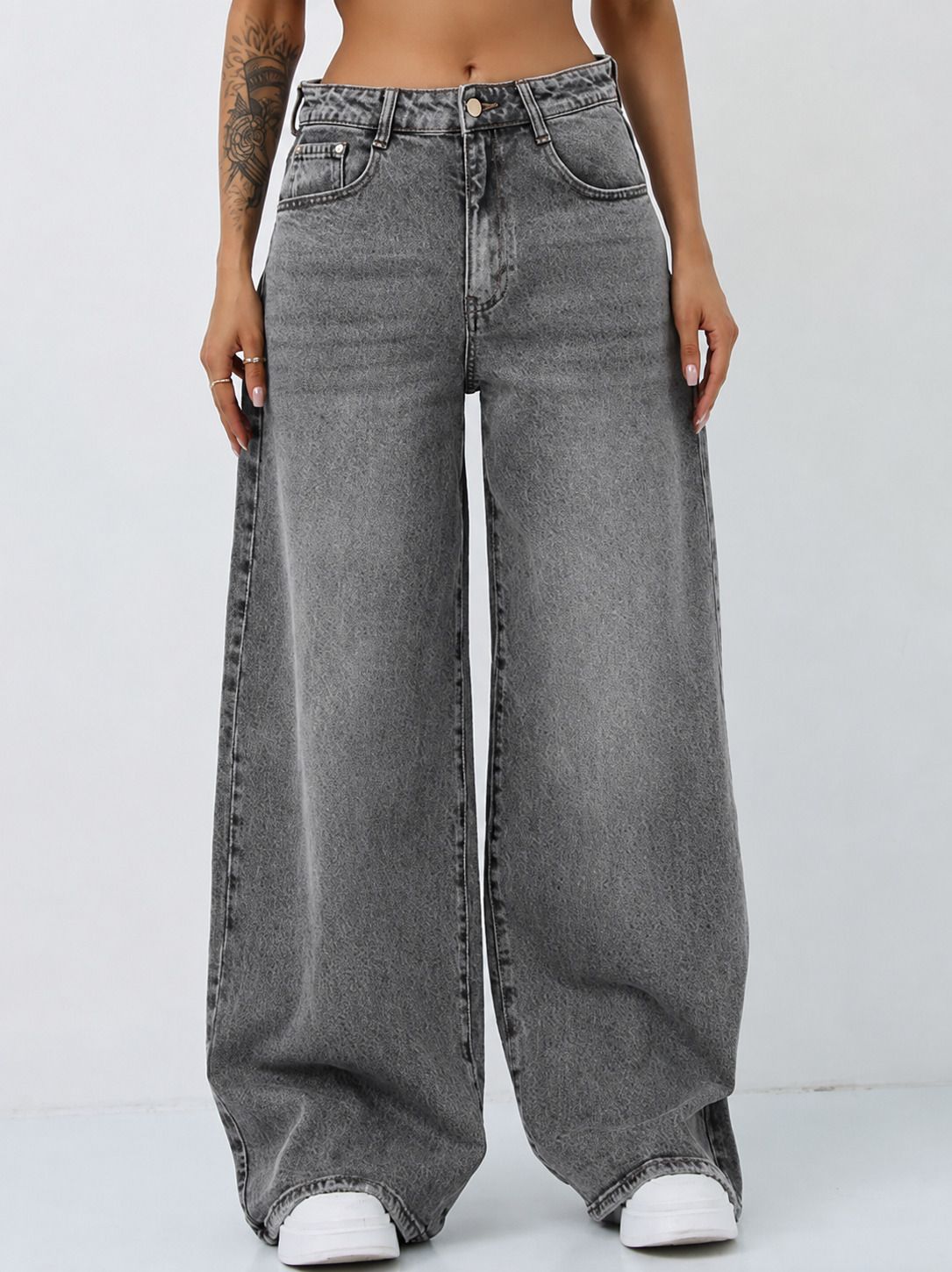 kashian Women Wide Leg High Rise Grey Jeans-picture-9