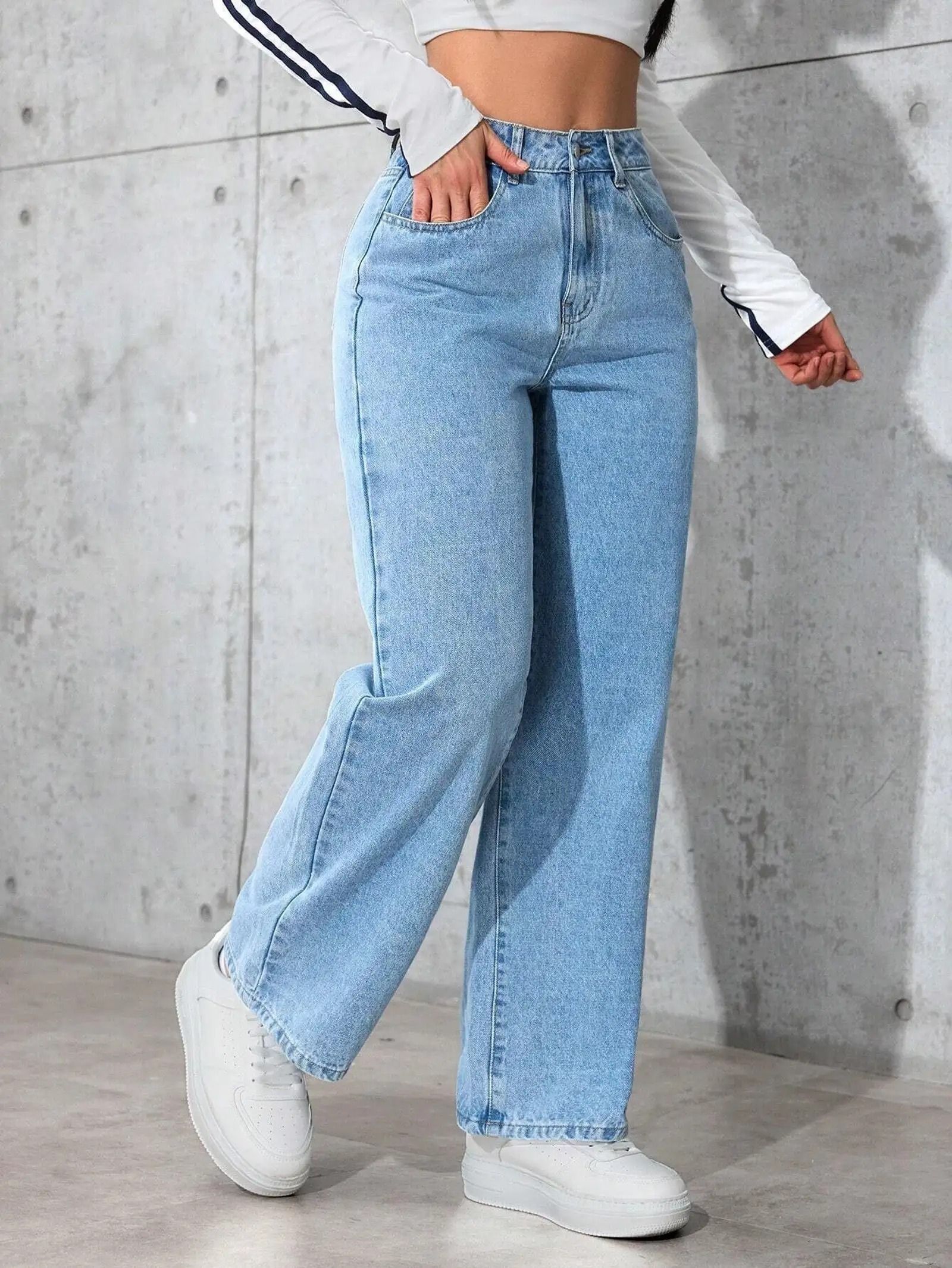 star4well Women Wide Leg Mid Rise Light Blue Jeans-picture-1