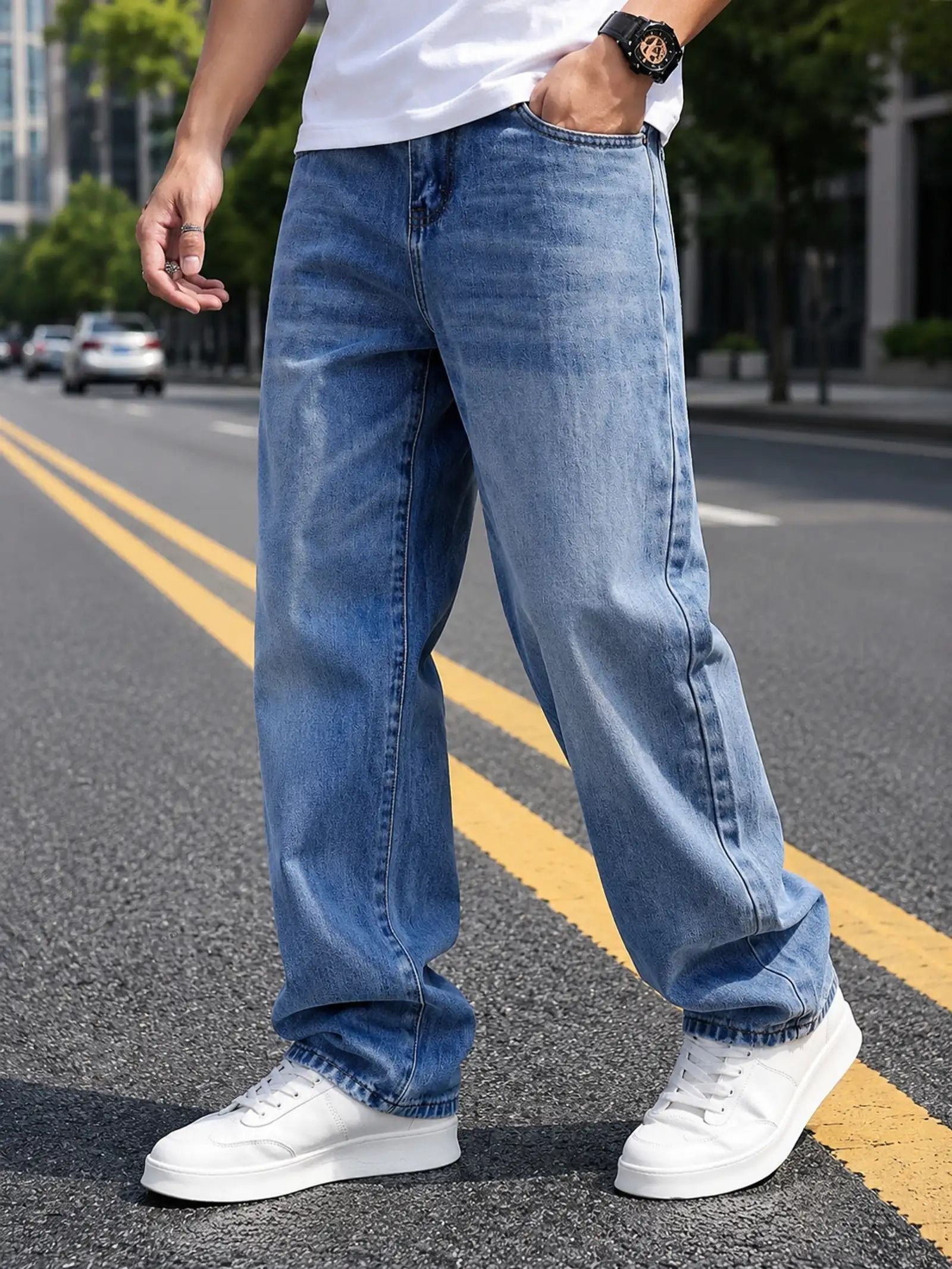 Men Wide Leg High Rise Blue Jeans-image-11