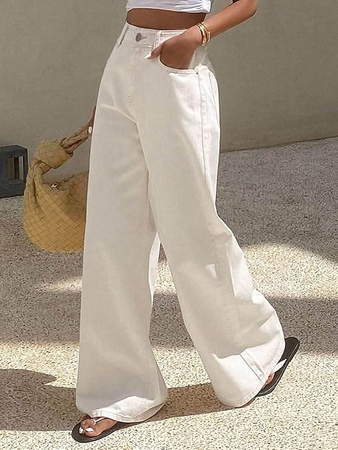 Women Wide Leg High Rise White Jeans-image-21