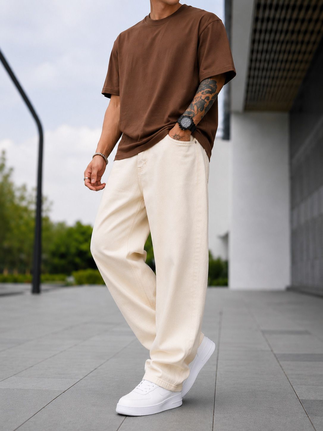 denim life Men Loose Fit Mid Rise Beige Jeans-picture-9